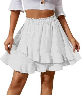 XOWRTE Women's Shirred Elastic High Waist Tiered Layer Ruffle Hem A Line Mini Skirt Flowy Flared Short Skirts Asymmetrical