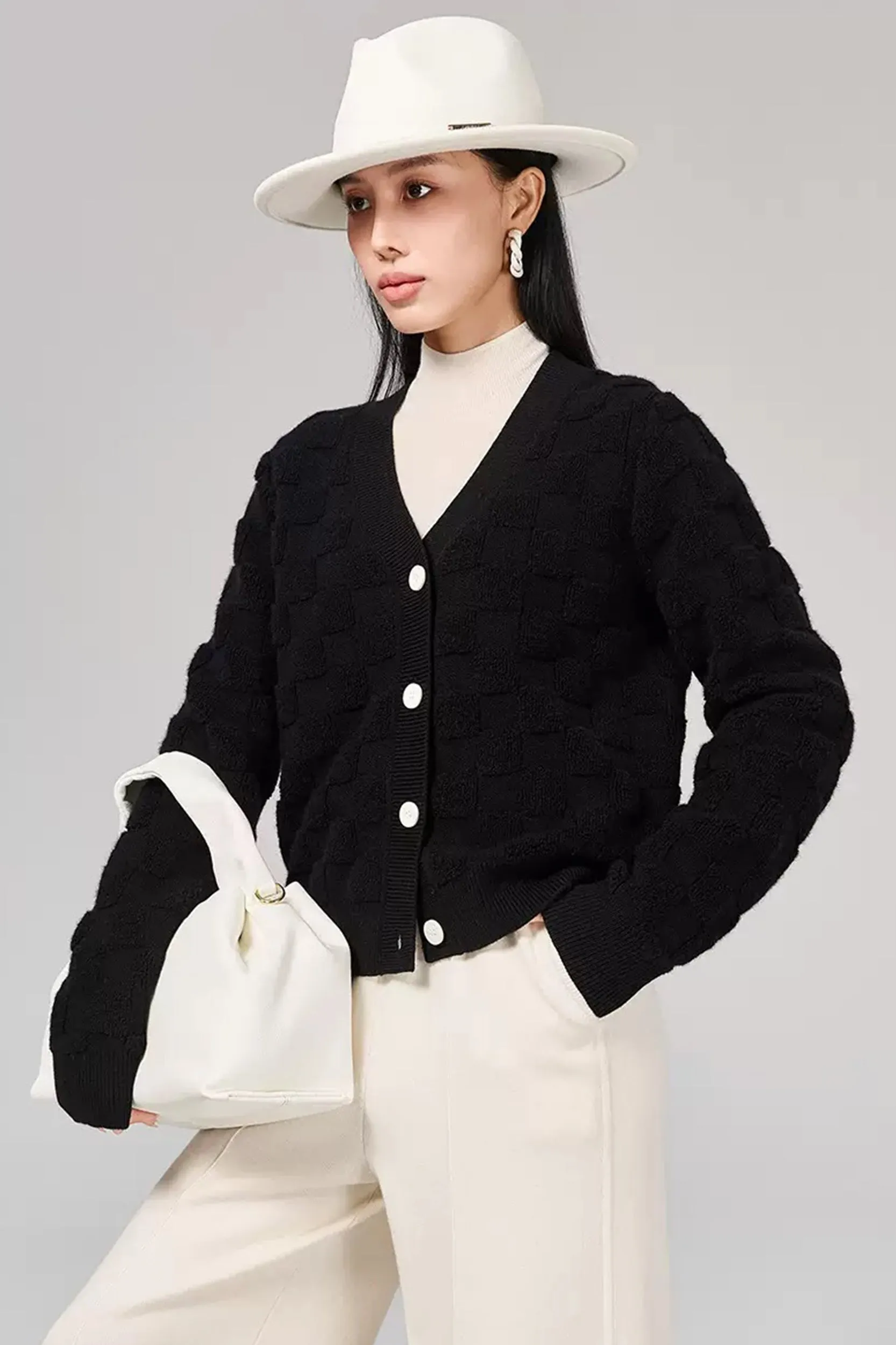 Yasmine V-neck Checkered Texture Cardigan
