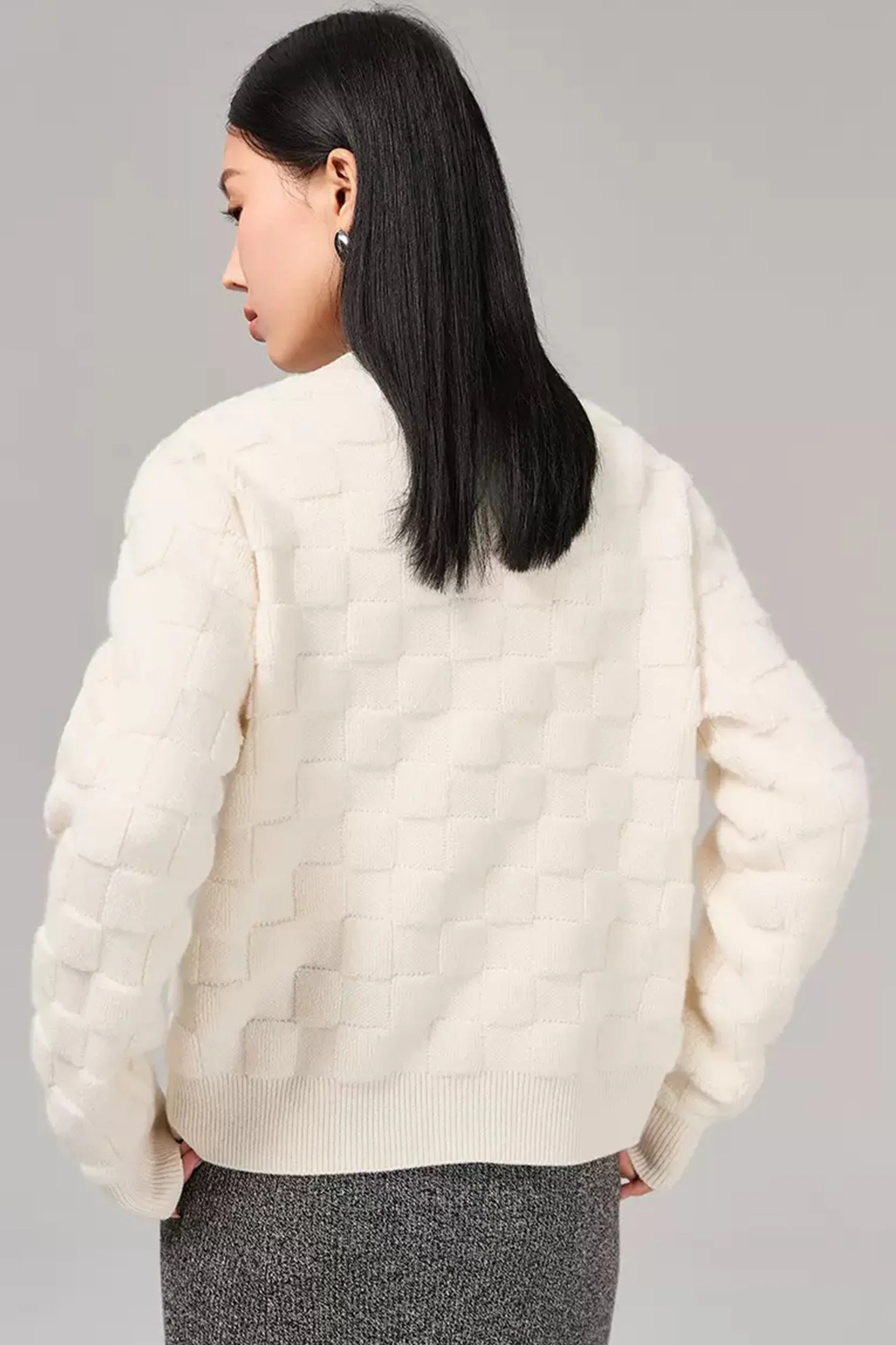 Yasmine V-neck Checkered Texture Cardigan