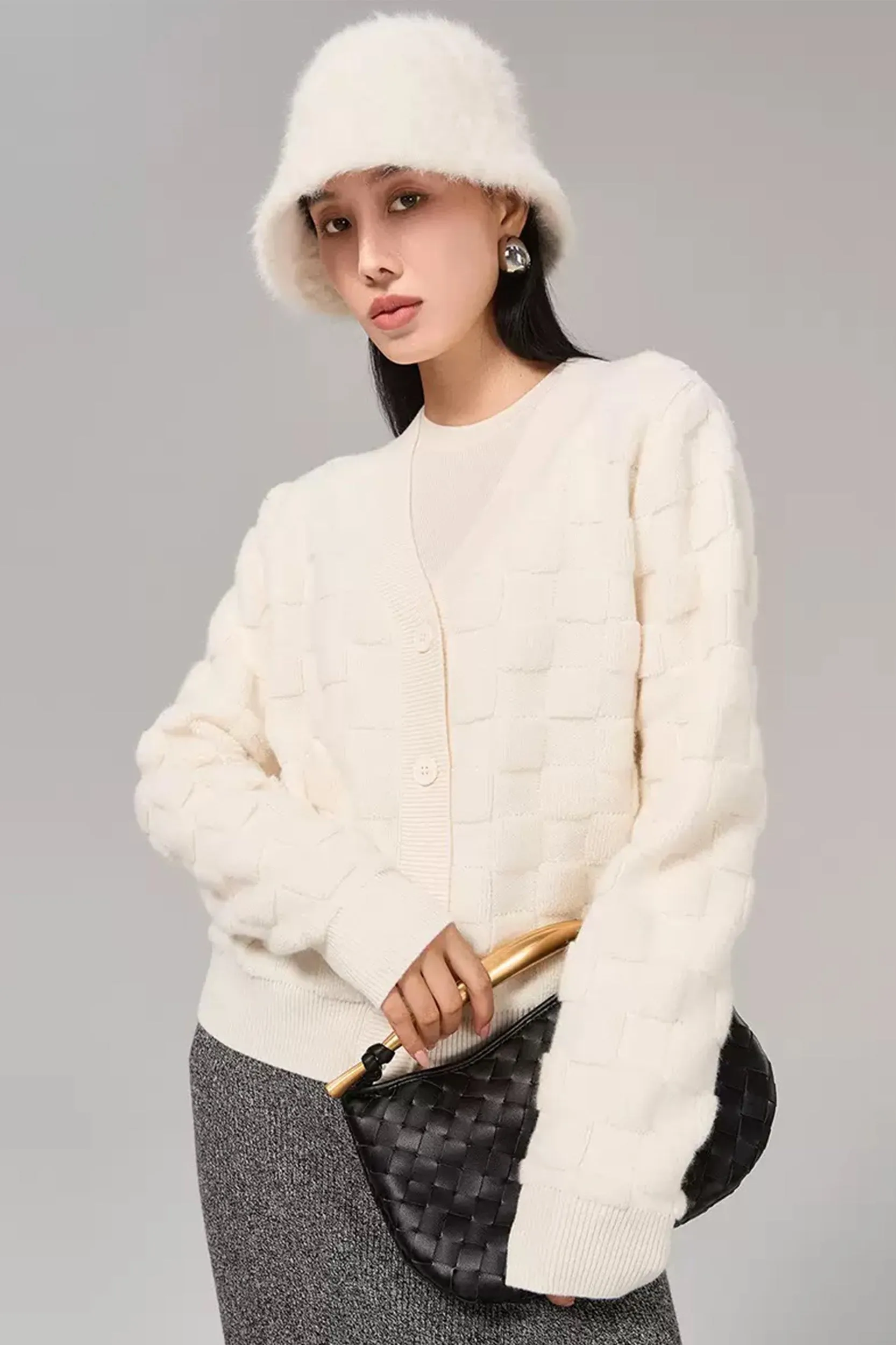 Yasmine V-neck Checkered Texture Cardigan