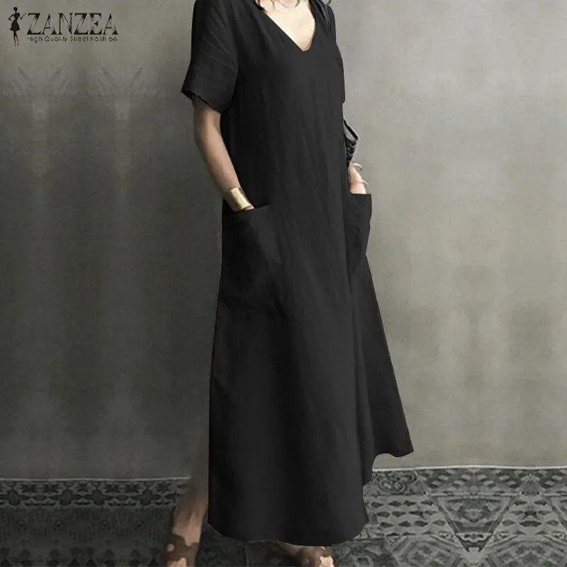 ZANZEA 2022 Women Long Maxi Summer Dress Casual Cotton Linen  Ladies Big Pockets Beach Party Robe Femme Vestidos